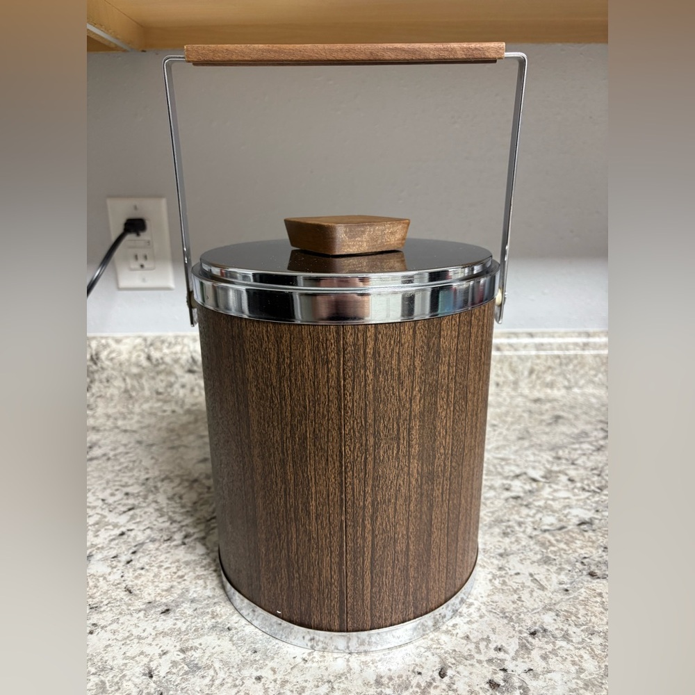 Vintage Mid Century KROMEX Walnut & Chrome Steel Ice Bucket